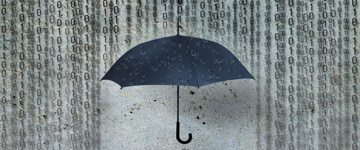 an open umbrella protecting from a rainfall of binary numbers (1's and 0's) to suggest cyber insurance