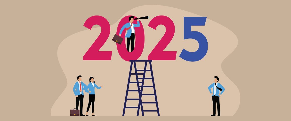 illustration of a man on a ladder with a telescope to suggest looking ahead to 2025 city tech trends